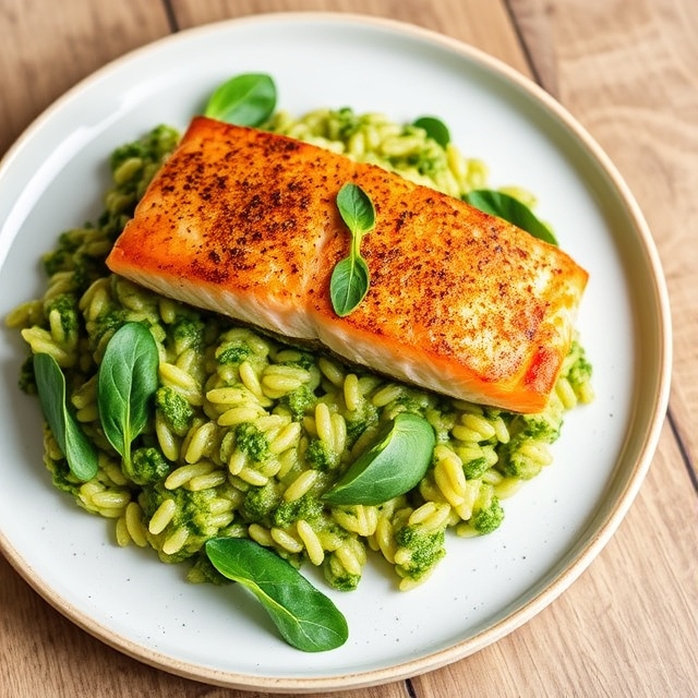 Orzo met spinaziepesto en krokante zalm