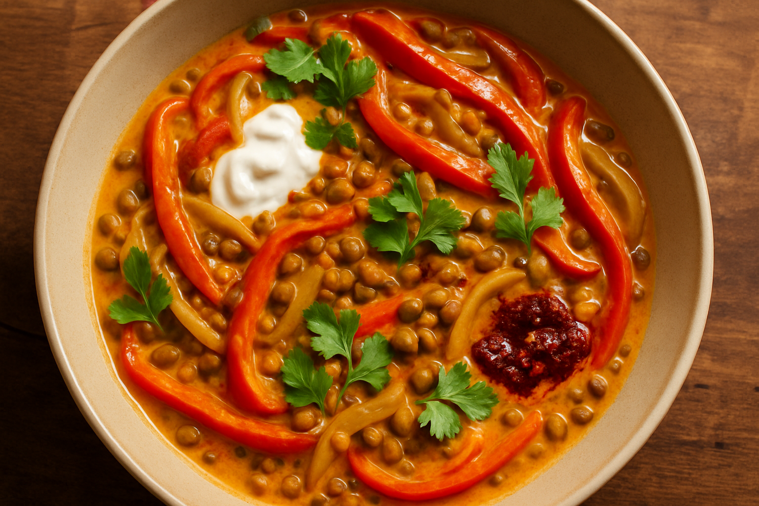 Kokoscurry met gekarameliseerde ui, paprika en linzen  image