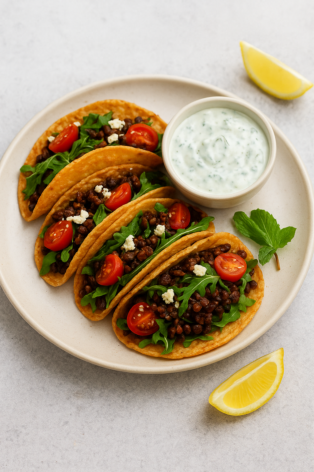 Harissa-linzentaco’s met munt-yoghurt image
