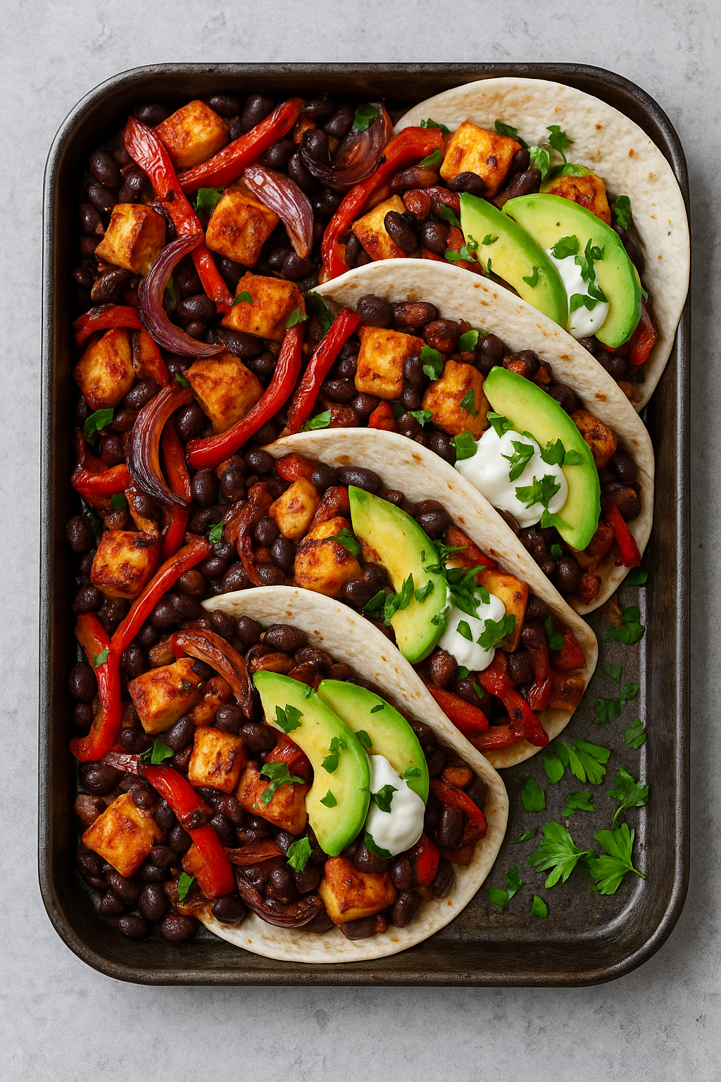 Traybake taco’s met halloumi en zwarte bonen image