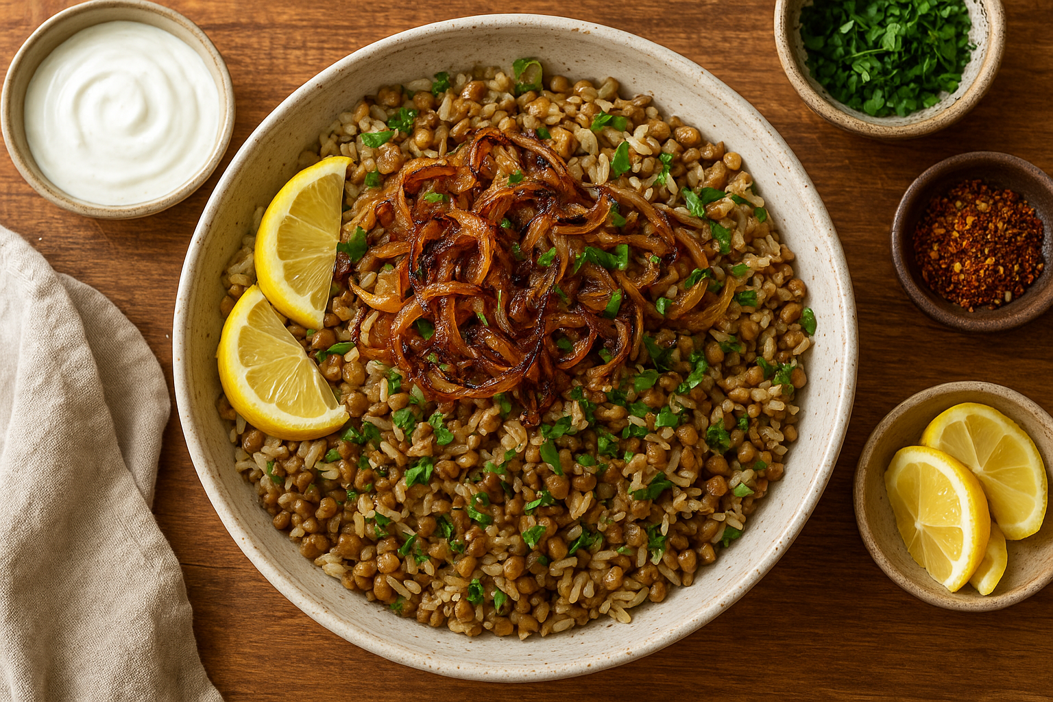 Mujadara met gekarameliseerde uien, linzen en rijst image