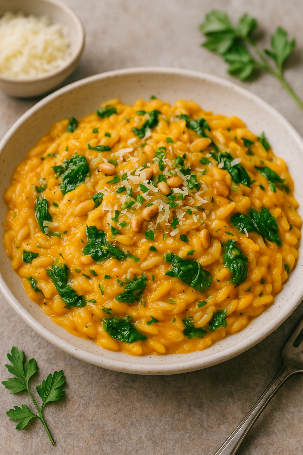 Romige orzo met geroosterde pompoen en spinazie