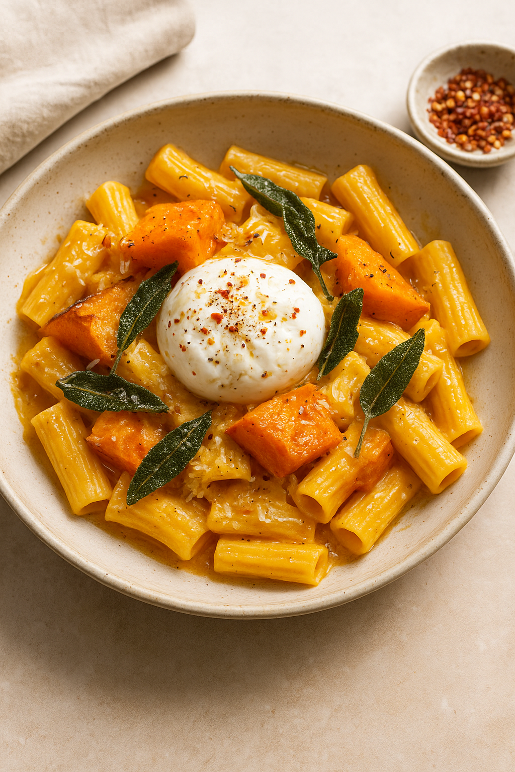 Romige pasta met geroosterde pompoen, miso en burrata image