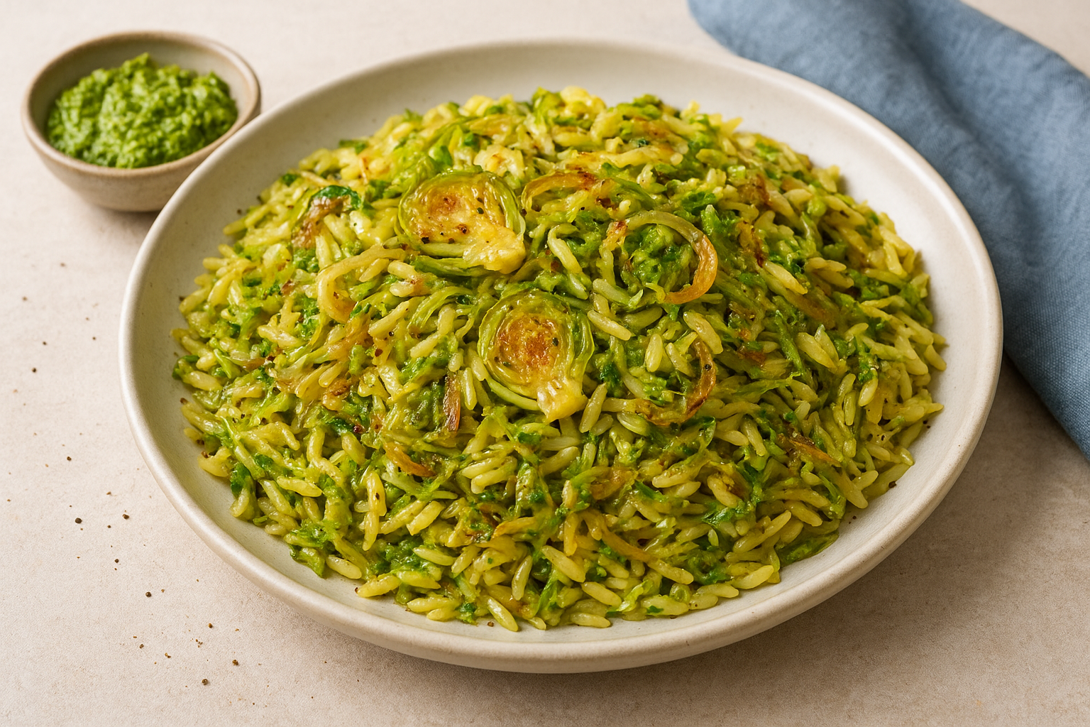 Orzo met geroosterde spruitjes en pesto-olie