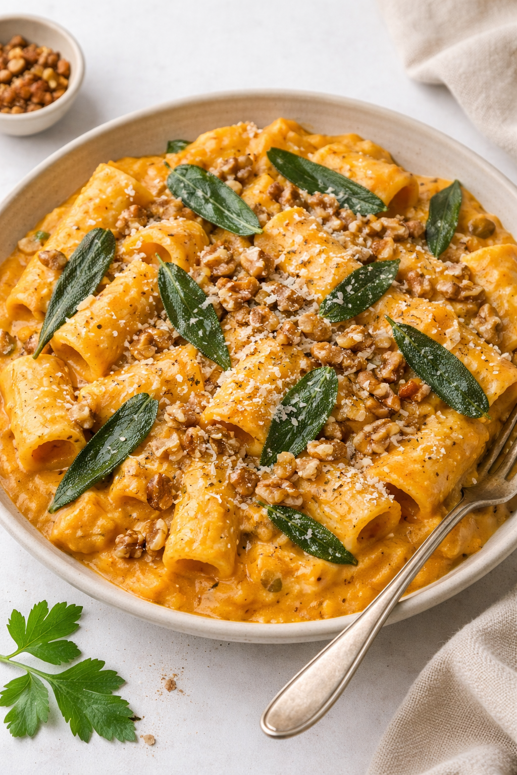 Romige pasta met geroosterde zoete aardappel, geitenkaas en knapperige salie image