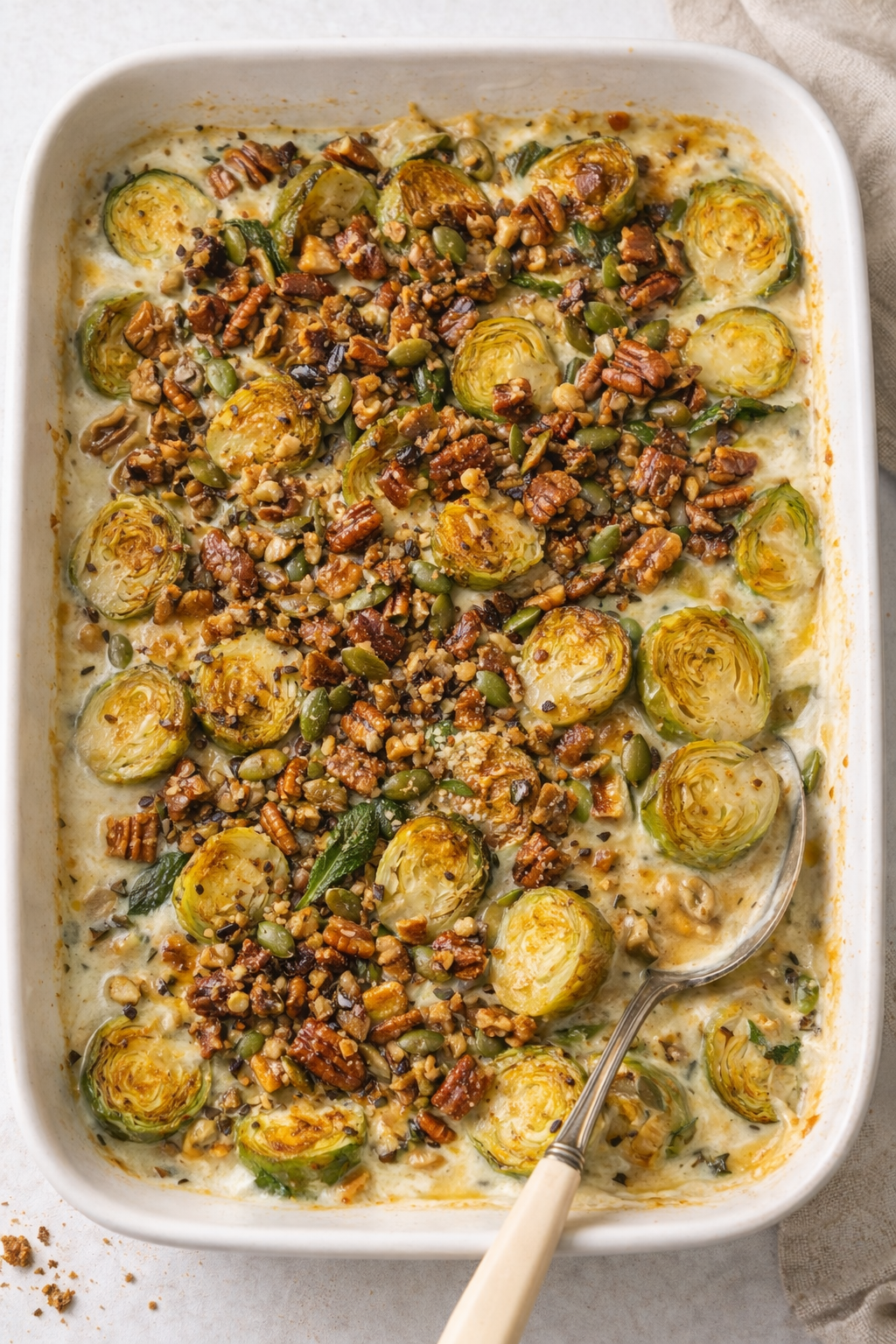 Romige spruitjesgratin met honing-pecannoten topping image