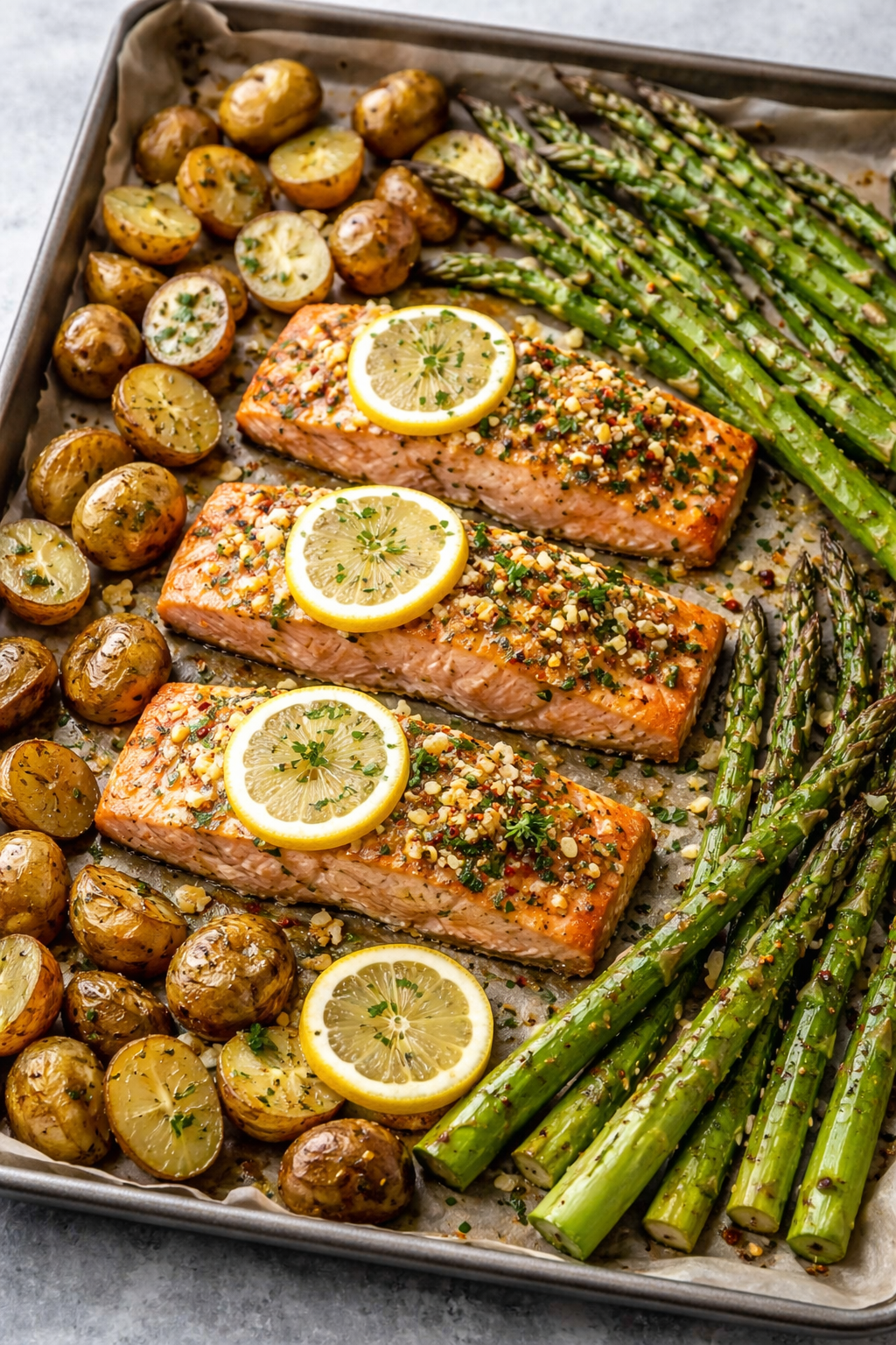 Zalm met aardappeltjes en asperges uit de oven image