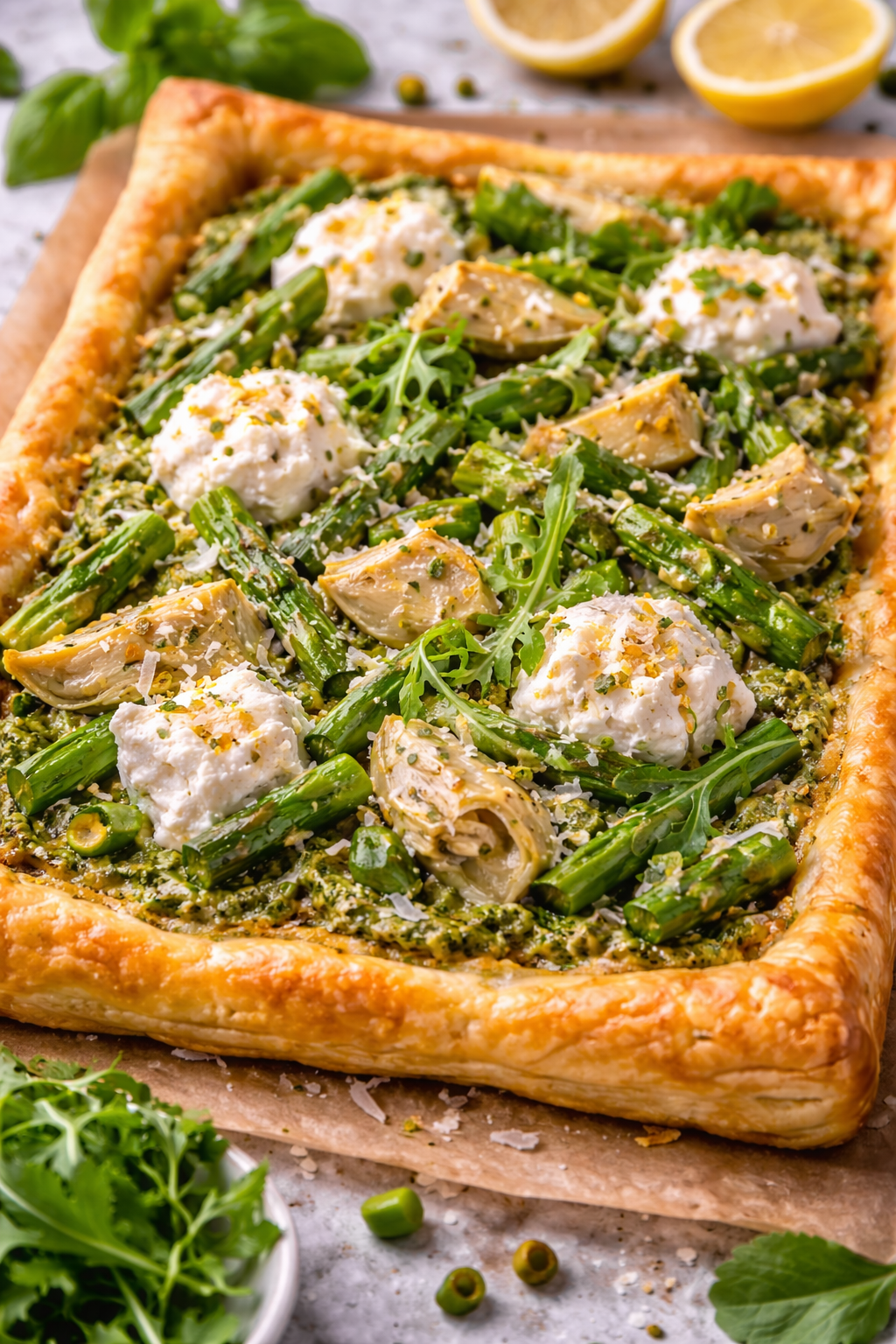 Bladerdeegtaart met groene pesto, asperges en artisjok image
