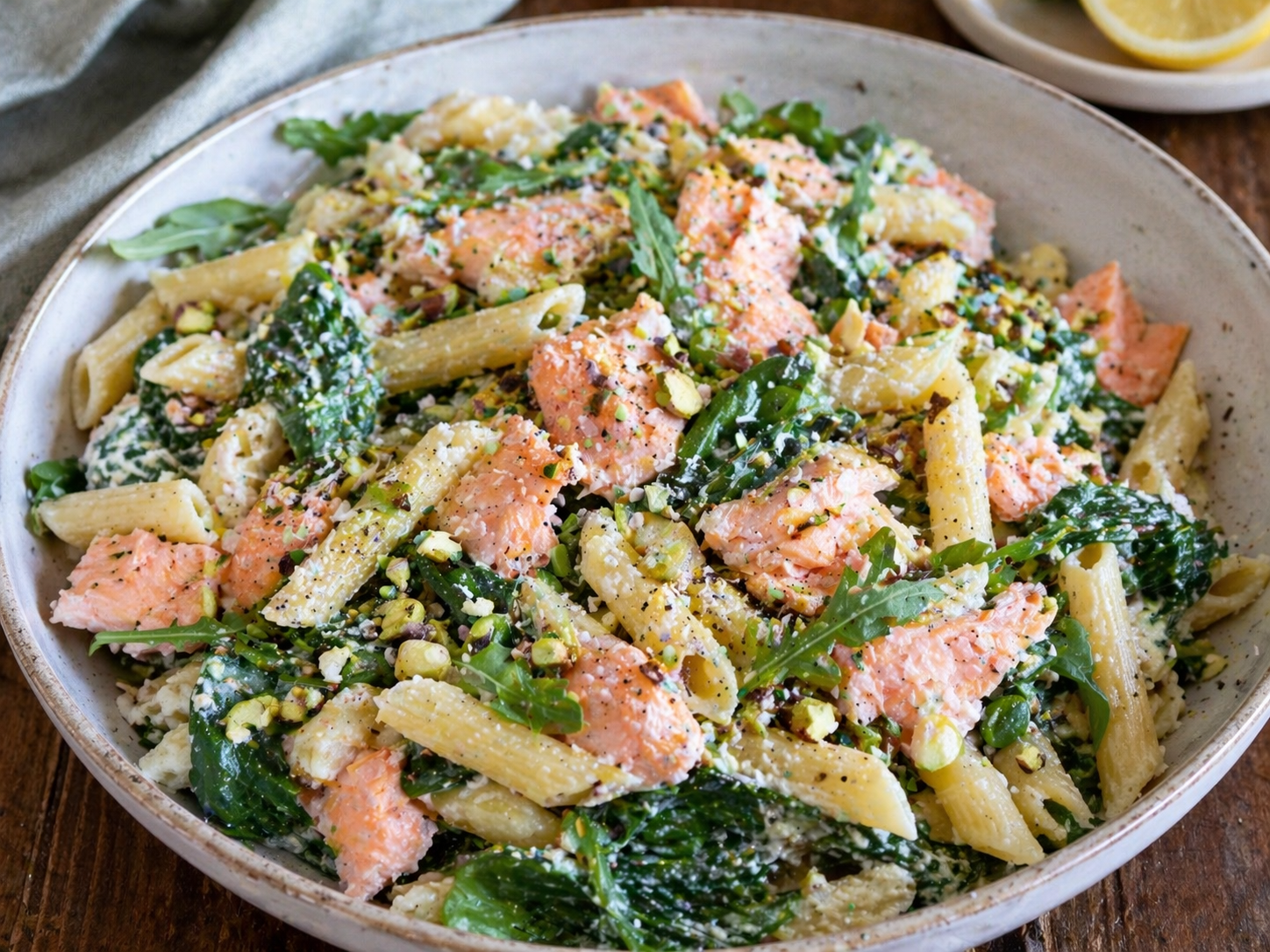 Pasta met zalm, pistache en spinazie  image