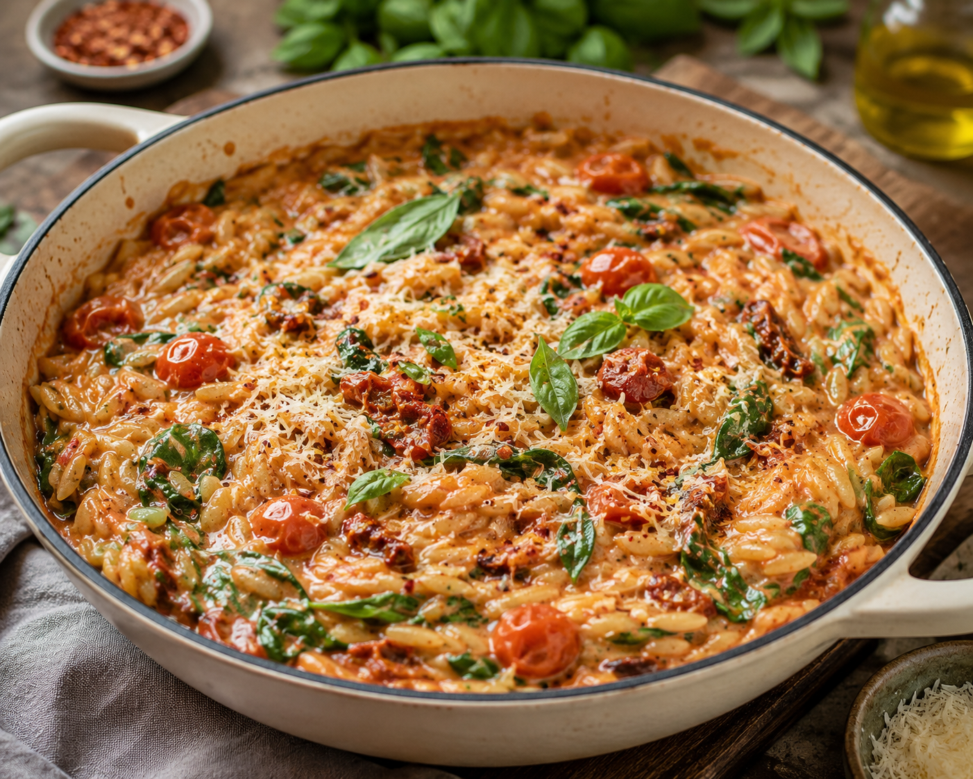 Romige harissa-orzo met spinazie en zongedroogde tomaat  image