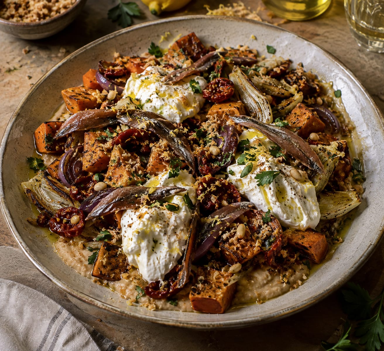 Zoete aardappel met romige ansjovis-bonencreme, gekarameliseerde rode ui en burrata  image